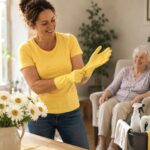 Frau zieht sich lächelnd Putzhandschuhe über, eine alte Dame im Hintergrund auf Sofa freut sich